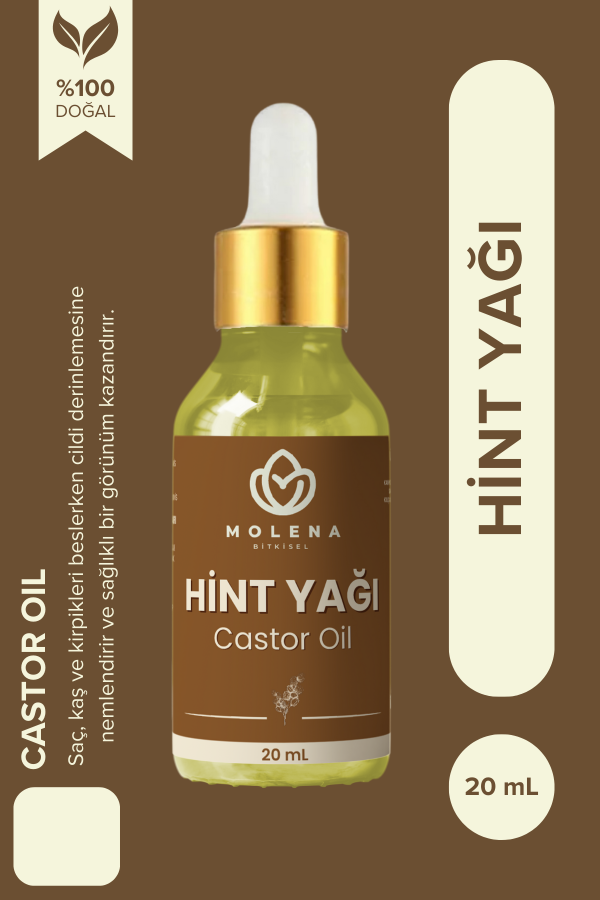 Molena Bitkisel Soğuk Sıkım Hint Yağı 20 ml görseli. Doğal ve katkısız içeriğiyle saç, cilt, kaş ve kirpik bakımı için ideal.
