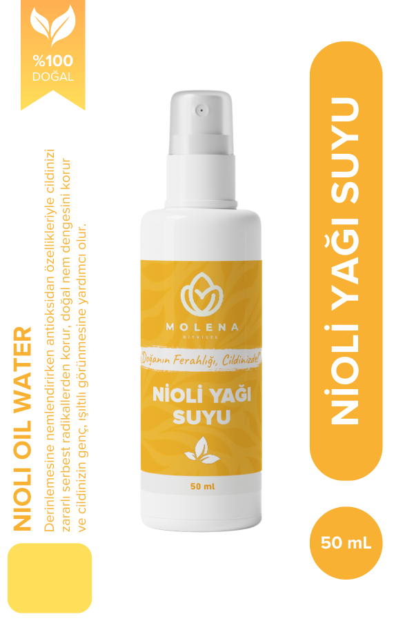 50 ml sprey şişesinde Molena Bitkisel Doğal Bakım Nioli Spreyi (Genital Bölge). Cildi tazelemeye ve rahatlatmaya yardımcı olur.